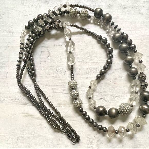 Long  double strand grey and clear beaded statement necklace - Picture 2 of 11